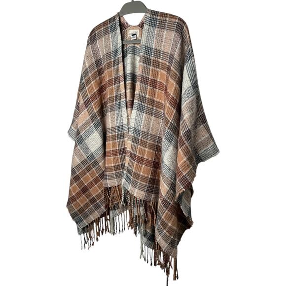 Universal Thread Womens OSFM Plaid Fringe Poncho Wrap‎ Orange Brown Cream Boho - Picture 4 of 9